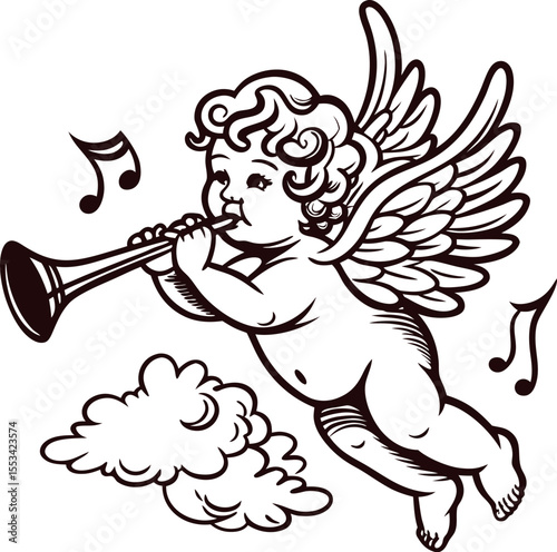 Wallpaper Mural Baroque hand drawn cherub with trumpet and wings flying above cloud with musical notes illustration Torontodigital.ca