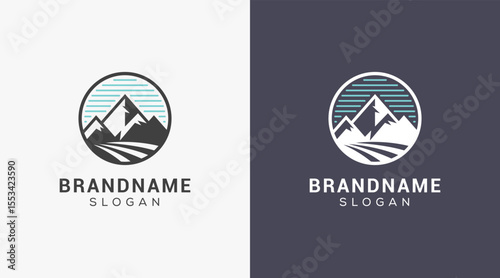 Mountain peak logo design icon. Outdoor hiking adventure emblem. Mountain summit vector illustration.