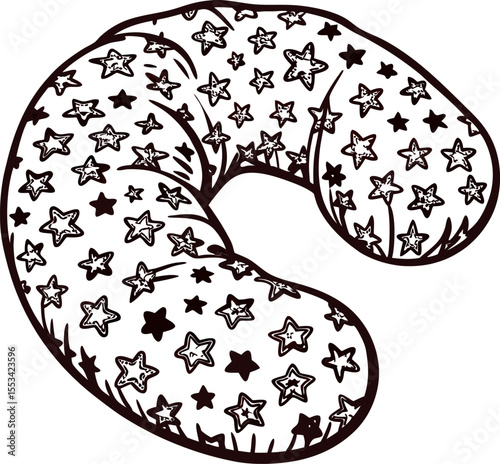 Decorative star patterned neck pillow with whimsical hand drawn design on a white background