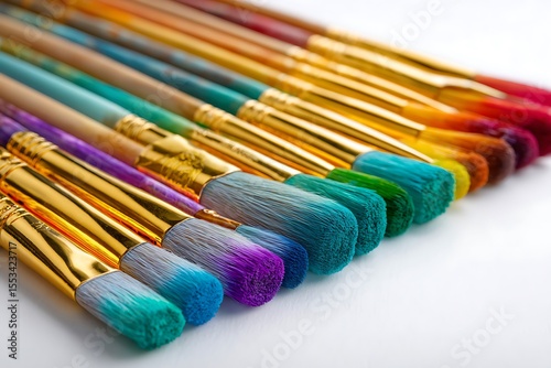 A vibrant collection of colorful paint brushes with golden ferrules arranged diagonally on a white background