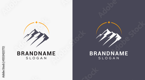 Mountain peak logo design icon. Outdoor hiking adventure emblem. Mountain summit vector illustration.
