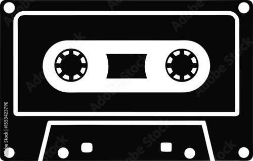 Monochrome audio cassette illustration exhibits simplicity with its smooth, rounded corners and minimal internal details