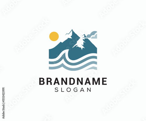 Mountain peak logo design icon. Outdoor hiking adventure emblem. Mountain summit vector illustration.
