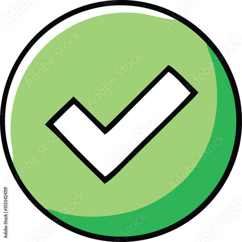 A simple stylized green circle containing a bold white checkmark symbol with a thick black outline and a subtle gradient effect