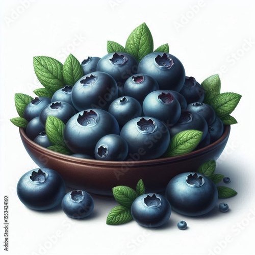  The brown bowl is overflowing with blueberries surrounded by green leaves. A few berries have spilled out and are lying on a white background. Bright colors.