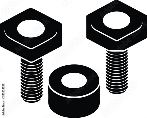 Isolated simple black monochrome hex bolt heads sit next a plain washer in this minimalist design