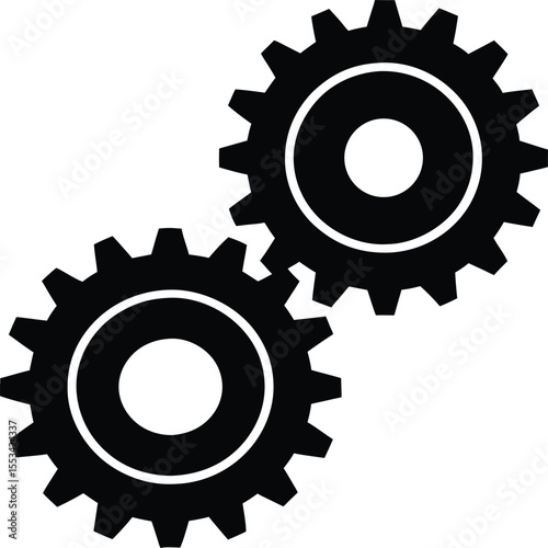 Two black gears with interior circles are interlocking on a white transparent backdrop