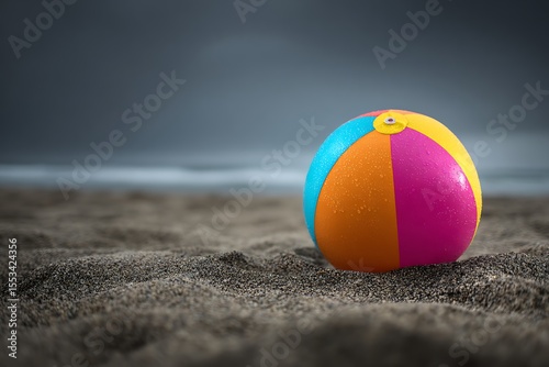A colorful beach ball rests on wet sand with the ocean and stormy sky in the background