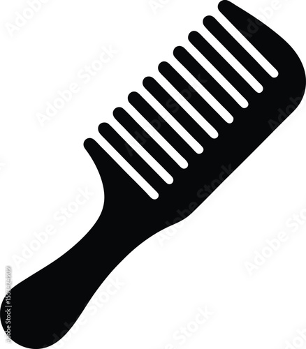 Simple black comb with a handle has defined teeth on transparent background