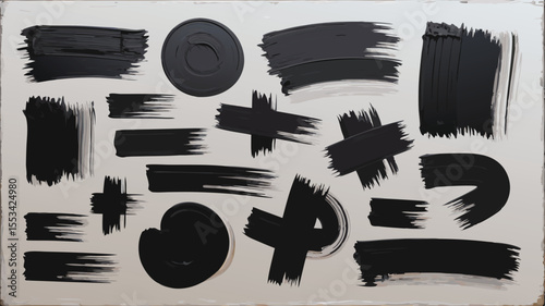 Black Paint Strokes and Splatters on White Canvas Artistic Design Elements and Texture