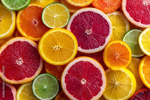 Vibrant overhead shot of sliced citrus fruits including oranges grapefruits and limes creating a colorful background