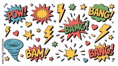 Cartoon Comic Sound Effects Set Bang, Pow, Bam, Stars, Tornado, Hearts, and Lightning