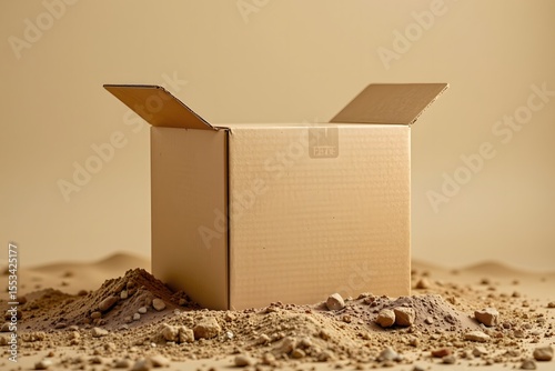 Cardboard Box on Earth: A singular cardboard box, with its flaps slightly open, stands on a bed of textured earth. The composition conveys a sense of potential. 