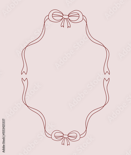Whimsical Retro Vintage Hand Drawn Outlined Oval Frame With Bow Ribbons Vector Design