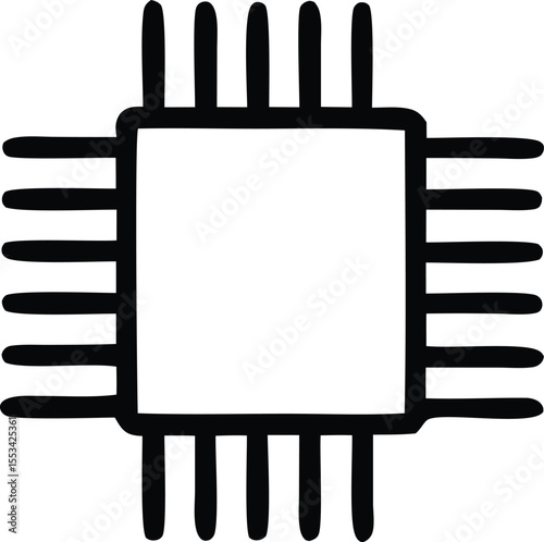 A stylized black and white illustration of a microchip or integrated circuit with multiple pins extending from its sides