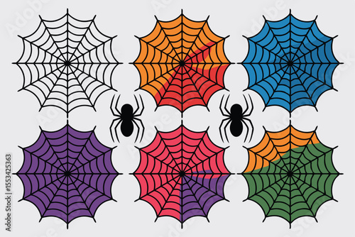 Cartoon Spiderwebs in Various Colors with Two Black Spiders for Halloween Holiday