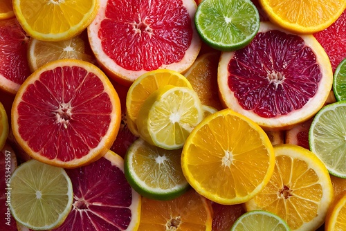 Vibrant overhead view of assorted citrus fruit slices including oranges grapefruits and limes