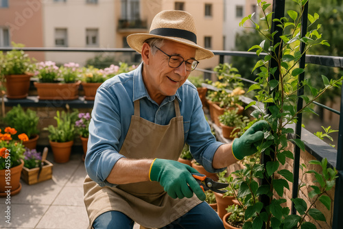Senior man gardening on balcony surrounded by blooming plants