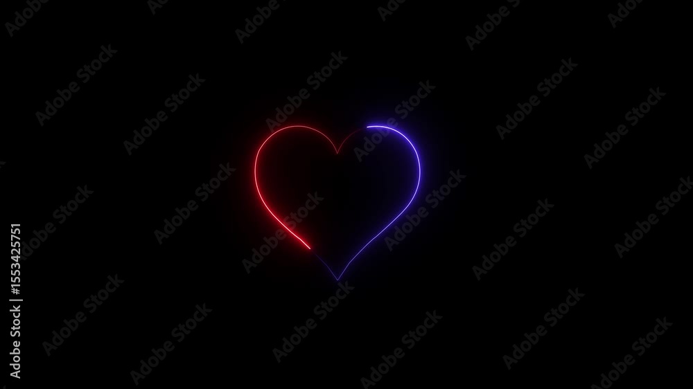 Abstraction neon heart love symbol, fast moving blue and pink rays to both sides. glowing lines, 4k holiday animation.