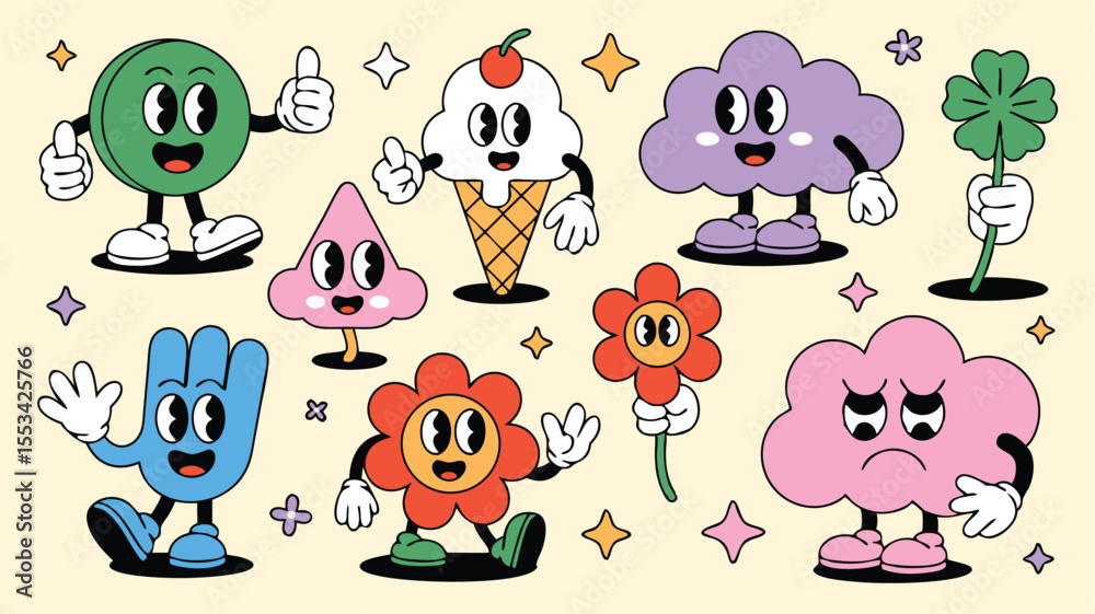Fototapeta premium Collection of Groovy Cartoon Characters Circle, Ice Cream, Cloud, Flower, Hand, and Clover on Yellow Background