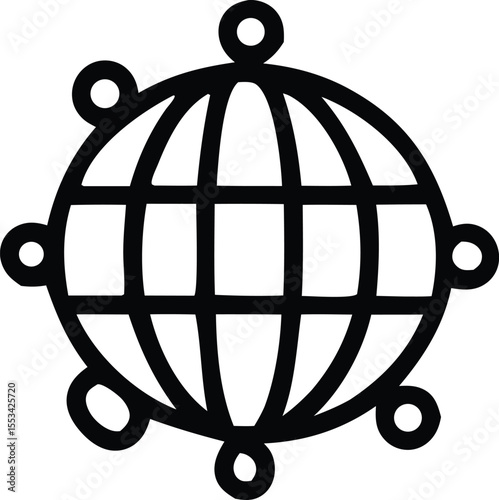 Stylized black and white globe icon with interconnected circles representing global connection and network communication