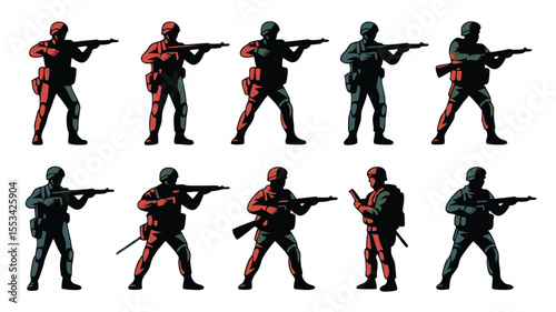 Collection of Soldiers in Uniform with Rifles, Military Illustration, Isolated on White