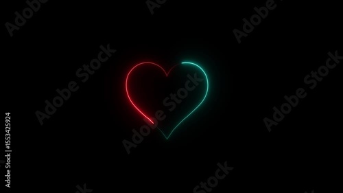 Abstraction neon heart love symbol, fast moving blue and pink rays to both sides. glowing lines, 4k holiday animation.