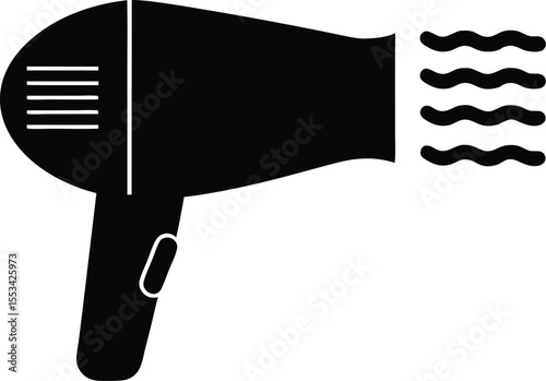 A black hair dryer with wavy lines coming out isolated on transparent background