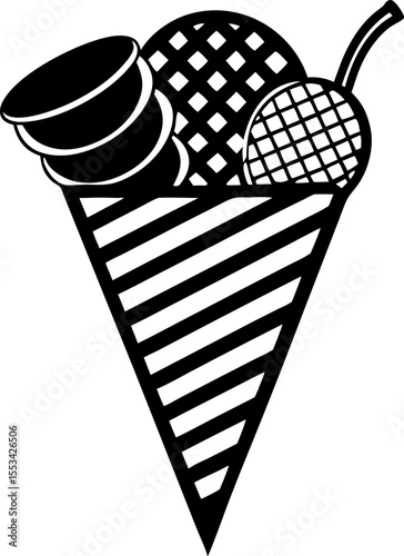 Stylized Ice Cream Cone Illustration with Stacked Scoops and Striped Cone Design in Black and White Simplistic and Eye Catching Graphic