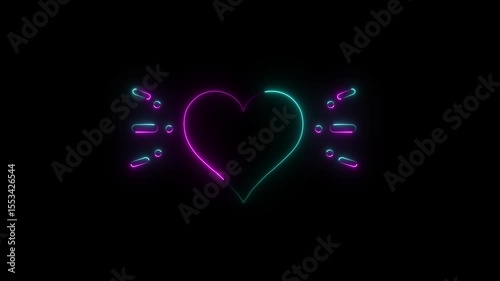 Abstraction neon heart love symbol, fast moving blue and pink rays to both sides. glowing lines, 4k holiday animation.