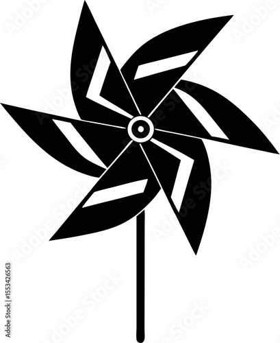 Whimsical Pinwheel Illustration: A Simple Black and White Depiction of a Classic Toy with Spiraling Vanes and Central Hub