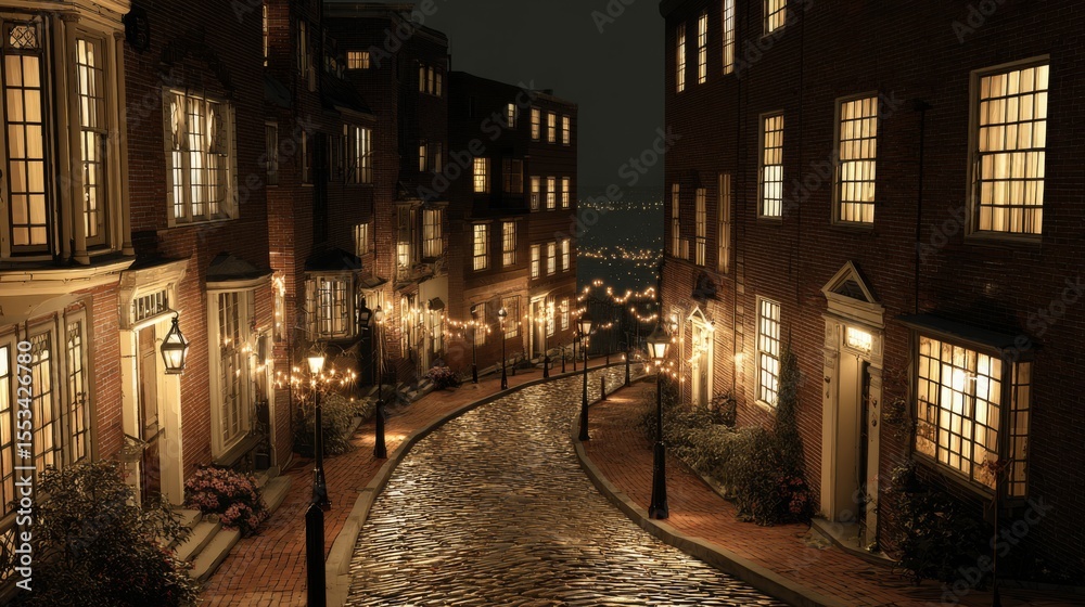 Fototapeta premium An artistic view of a winding street in a historic district, with beautiful architecture illuminated at night, creating a captivating scene that invites exploration