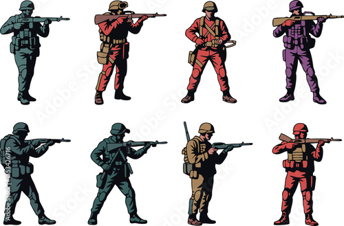 Eight Cartoon Soldiers in Full Gear Holding Rifles in Various Colors and Poses