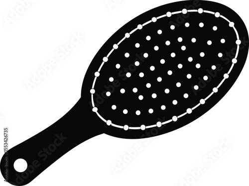 A solid black hairbrush shows a round shape with bristle divots and handle