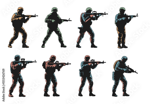 Eight Soldiers Armed with Rifles in Various Uniforms Standing on a White Background