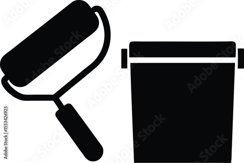 Black paint roller rests by a bucket awaiting a fresh coat of paint, transparent background
