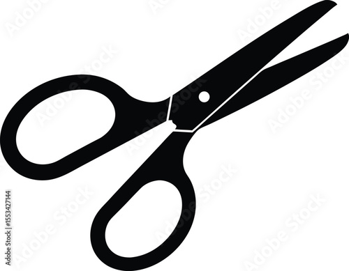 Simple black scissors with two rounded handles create a useful cutting instrument on transparent background