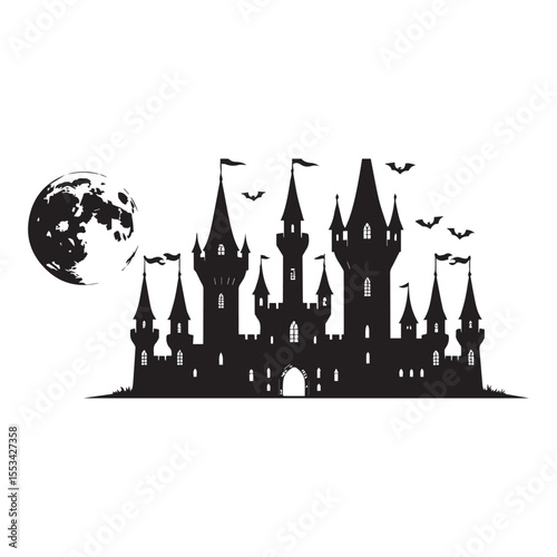 Mysterious gothic castle with multiple towers and flags under a large full moon with flying bats silhouette