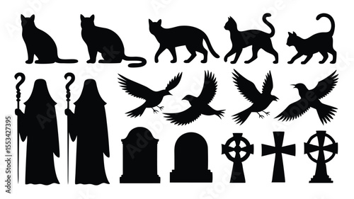 Silhouetted Halloween Icons Black Cats, Ravens, Grim Reapers, Gravestones, and Celtic Crosses for Spooky Designs