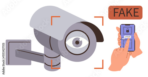 Security camera with focused lens observing, hand using phone with unlock screen, bold FAKE tag above. Ideal for cybersecurity, monitoring, privacy, technology, scams fraud vigilance. Simple flat