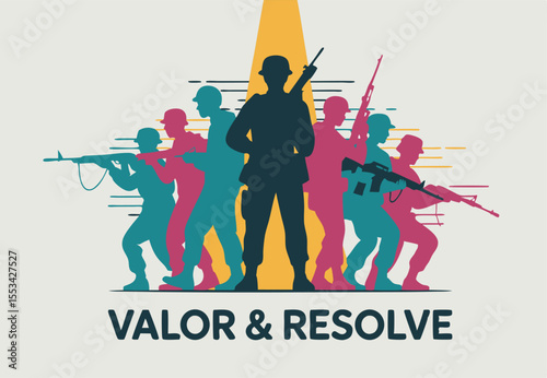 Stylized Illustration of Soldiers in Formation with Rifles Displaying Valor and Resolve Message