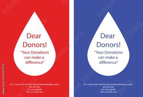 Modern vector with red and blue square backgrounds, white blood drop illustration, and impactful awareness message. Ideal for donation events.