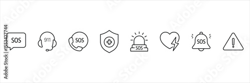 Emergency alert SOS call icon set for help hotline rescue security support safety contact health protection danger signal warning communication.