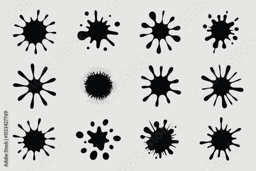 Twelve Black Ink Splatter Illustrations on Gray Background, Various Shapes and Sizes of Blobs