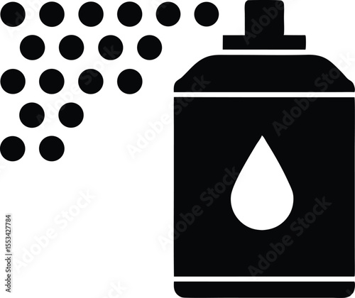The black spray can disperses small black dots on its left in transparent background