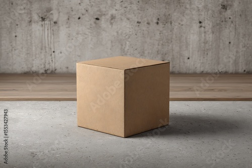 A simple brown cardboard box sits on a concrete floor in front of a textured concrete wall and wooden planks