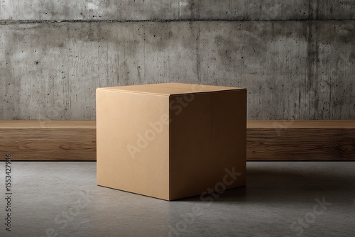 A plain cardboard box sits centered on a concrete floor in front of a textured concrete wall and wooden bench