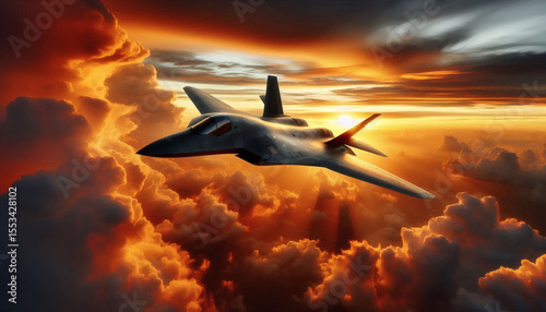 Stealth Fighter Jet Soaring Through Fiery Sunset Cloudscape