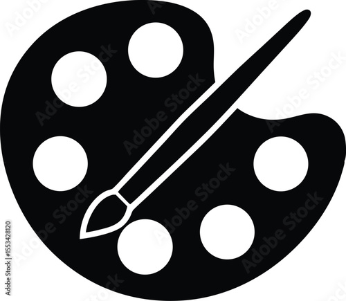An artist's palette and brush are displayed as a striking monochromatic design element with transparent background