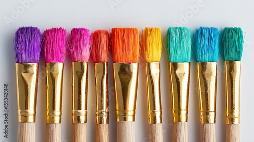 A vibrant row of colorful paint brushes with golden ferrules and wooden handles arranged neatly on a white background